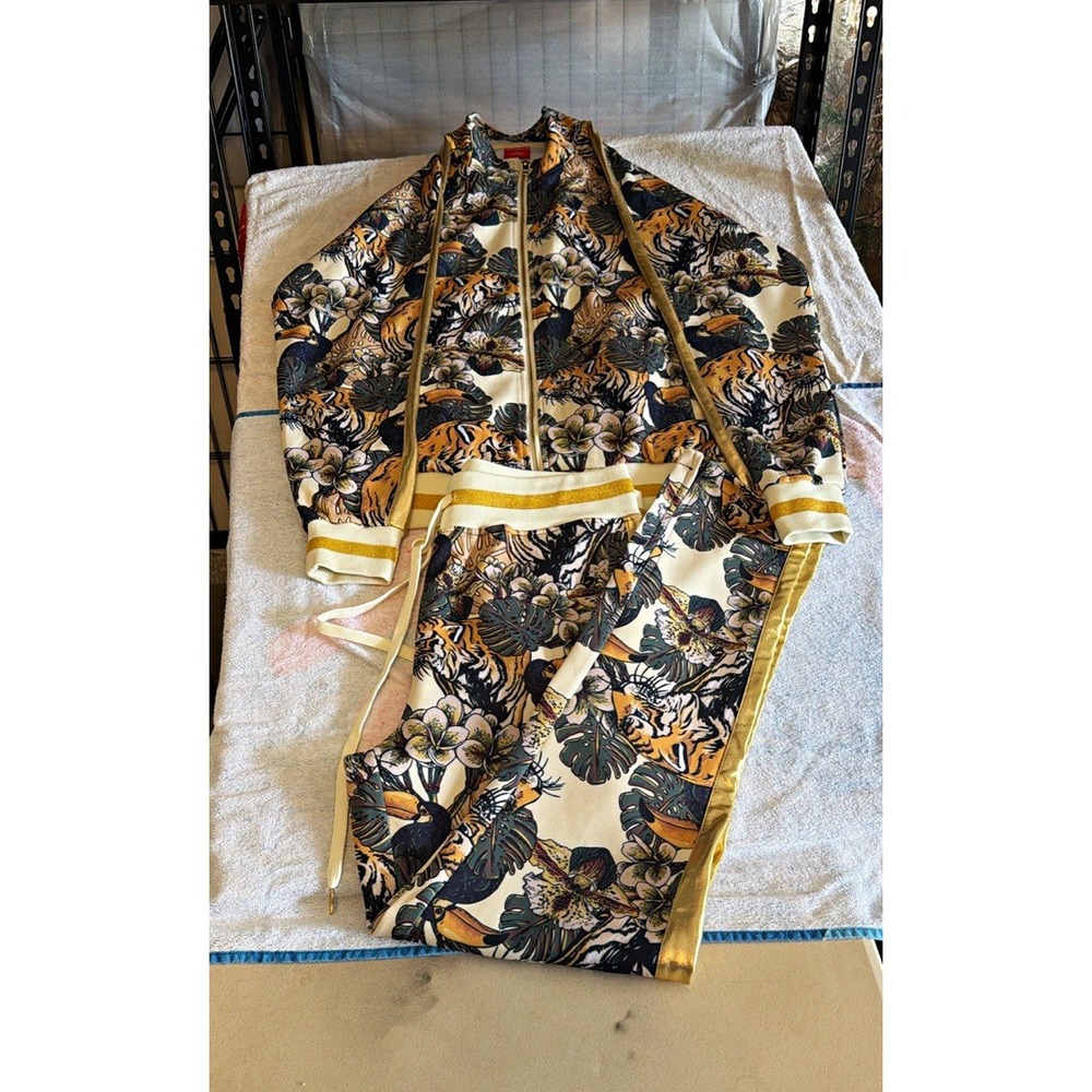VICTORIOUS Lg 2pc Men's Tracksuit Tiger Floral Zip Jacket Pants Elastic Waist